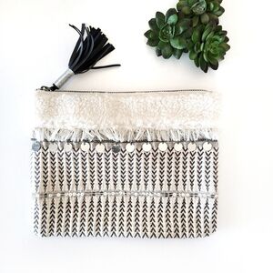 Embroidered Beaded Tapestry Clutch with Fringe Zipper Pull